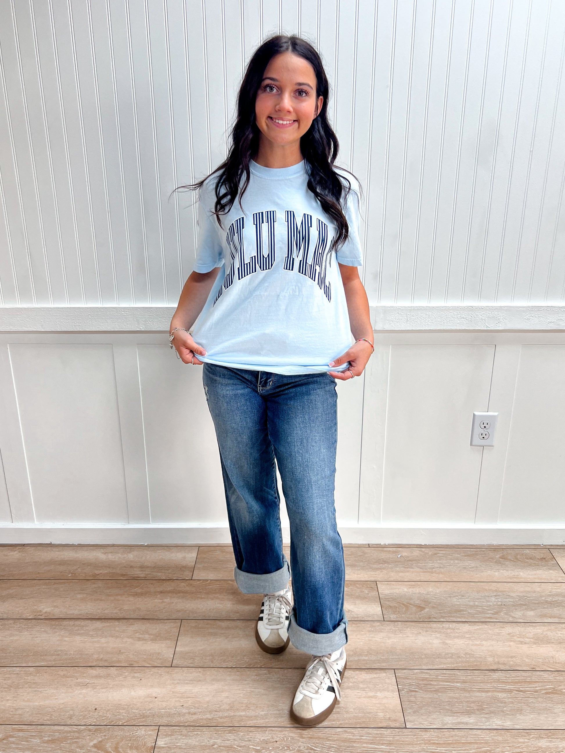 Dottie Stripe Chambray Comfort Colors Tee-Shirts & Tops-Girlie Girl Originals-FD 04/03/26,LM-STR-1000,Tops Collection-The Twisted Chandelier