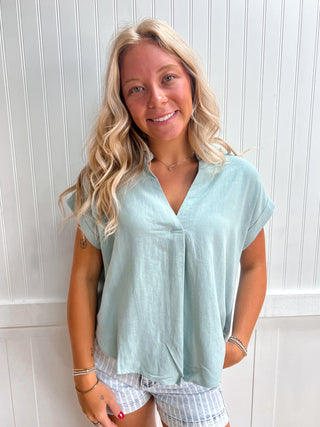 Quinn Collared Split Neck Cuff Sleeve U-Hem Linen Top-Top-Blu Pepper-FD 06/22/26,RWB,Tops Collection-The Twisted Chandelier