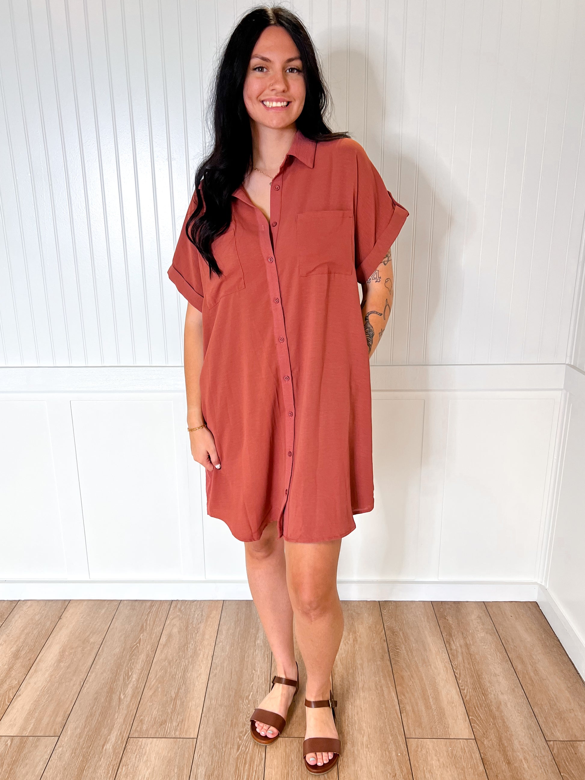 Bethany Button Up Woven Shirt Dress With Pockets-Dress-She & Sky-BIN D4,DJR,FD 08/19/25,OGP 58.99,SY6353R2-The Twisted Chandelier