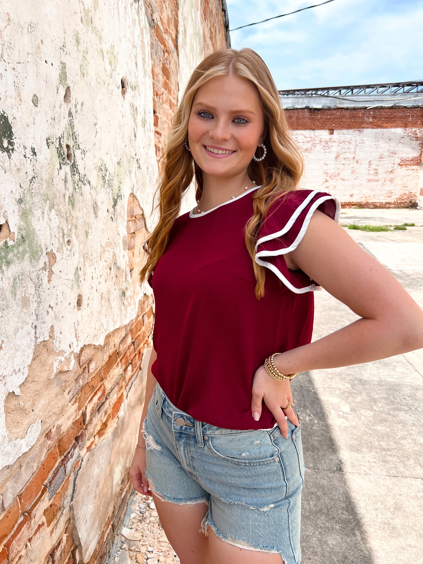 Maria Ruffle Sleeve Contrast Piping Top - Maroon-Apparel & Accessories-She & Sky-Bin a1, gameday, SY6057, Tops Collection-The Twisted Chandelier