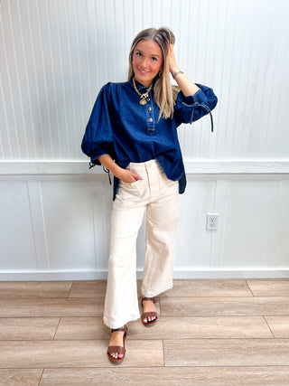 Presley Solid Puff Sleeve Denim Top-Top-ENTRO-Fall Favorites,FD 09/09/26,NewArrival,Tops Collection-The Twisted Chandelier