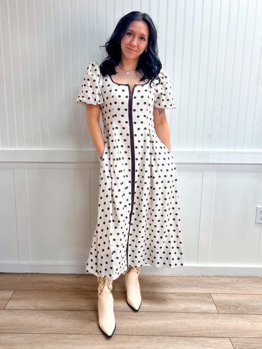 Vivi Polka Dot Short Puff Sleeve Midi Dress
