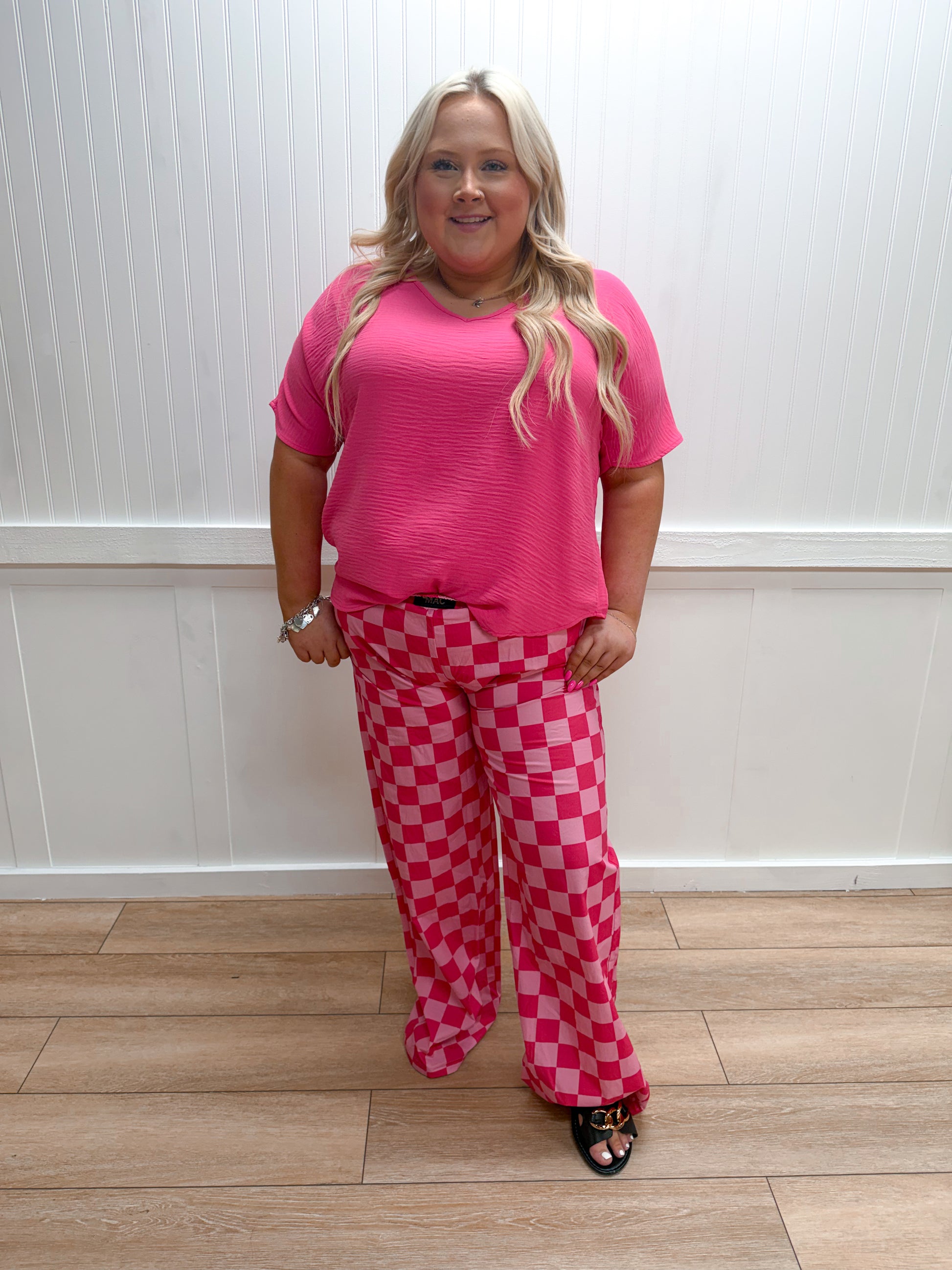 Brynn Woven Airflow V-Neck Short Sleeve Top - Fuchsia - Plus-Shirts & Tops-ZENANA-FD 03/12/26,Tops Collection-The Twisted Chandelier