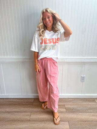 Stevie Mineral Wash Seam Detail Pull On Barrel Pants - Misty Rose