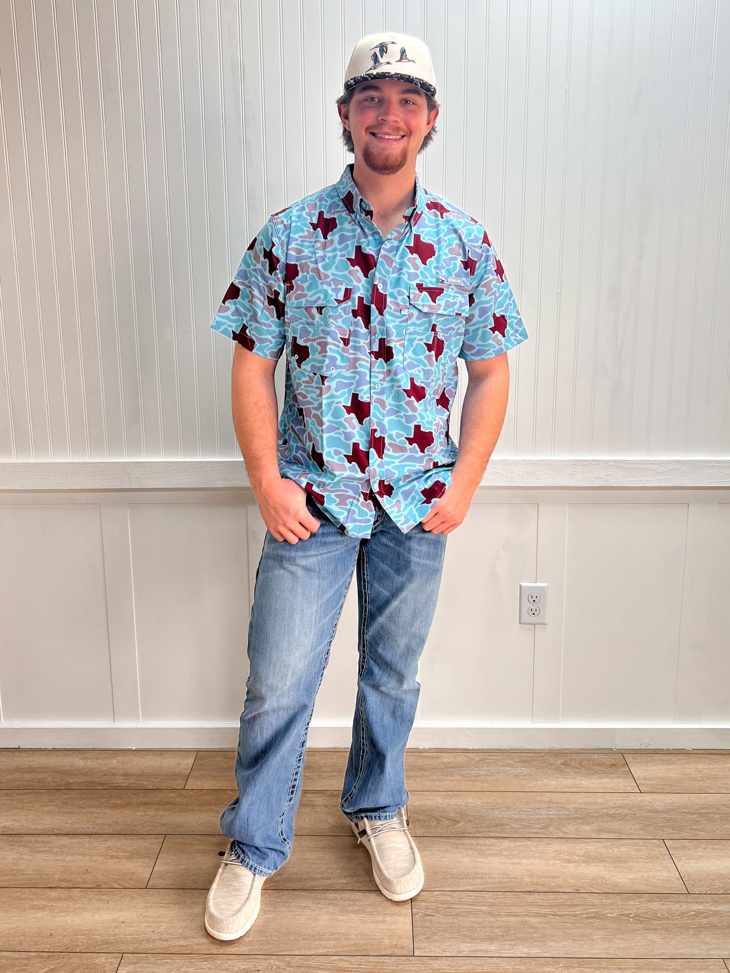 Men's Texas Maroon Camo Fishing Shirt-Men's Tops-SALT WATER SOUL-FD 02/18/26,Men's-The Twisted Chandelier