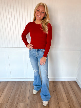 Coraline Long Sleeve Crew Neck Viscose Rib Sweater - Red-Active Basic | Active USA-FD 12/08/25,Tops Collection-The Twisted Chandelier