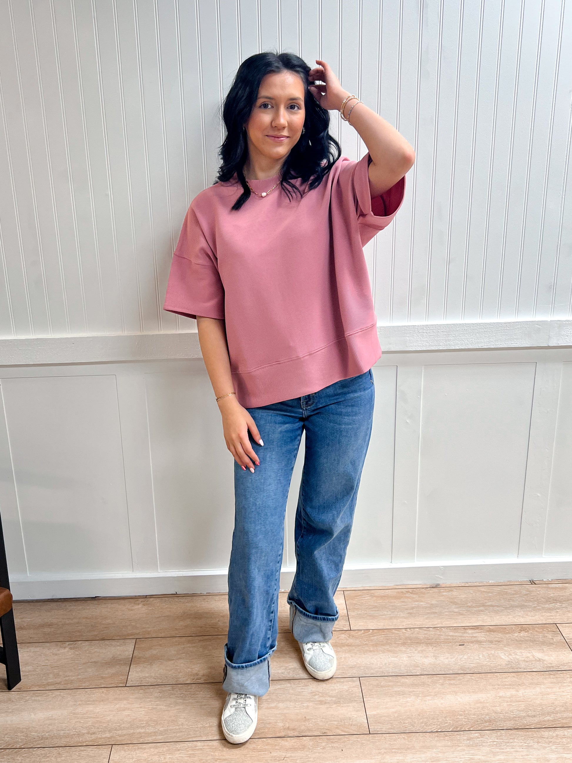 Kinsley Ribbed Round Neck Waist Banded Tee Shirts - Light Rose-Zenana-Tops Collection-The Twisted Chandelier