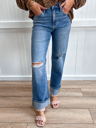 Darcy High Rise Distressed Cuffed Slim Wide Jeans-Pants-FLYING MONKEY-bottoms,F9205,NewArrival-The Twisted Chandelier