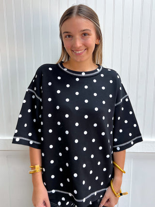 Pippa Heavy Scuba Polka Dot Short Sleeve Top - Black/White-Outfit Sets-Sewn and Seen-Fall Favorites,FD 10/02/26,NewArrival,Tops Collection-The Twisted Chandelier