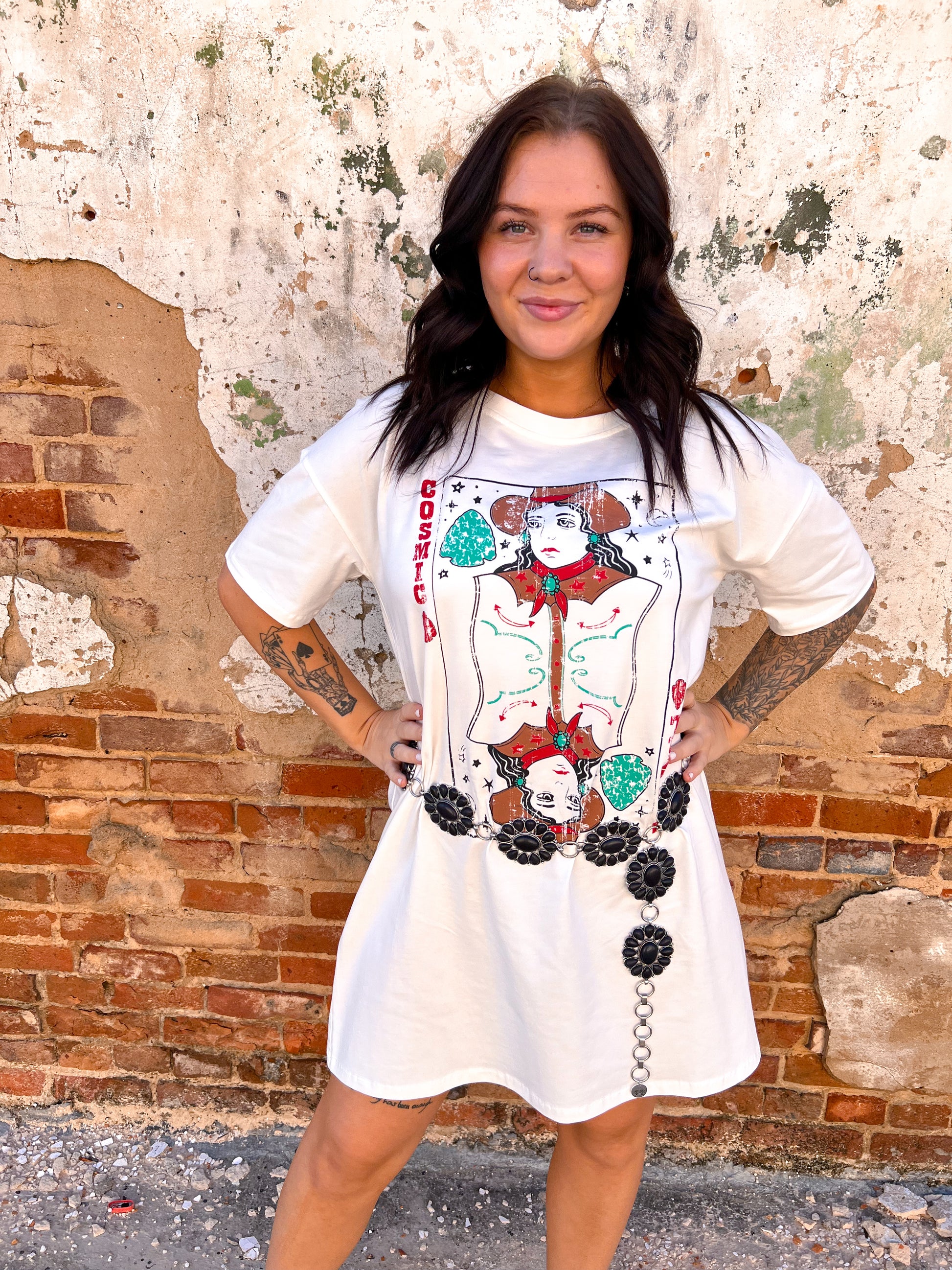 Cosmic Cowgirl On White Tee-Dress-Southern Grace Wholesale-8/8/23, Max Retail-The Twisted Chandelier