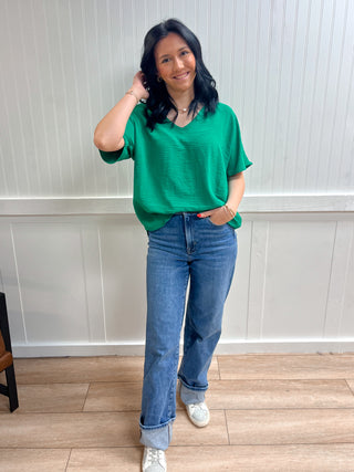 Brynn Woven Airflow V-Neck Short Sleeve Top - Kelly Green-Shirts & Tops-ZENANA-05/26/26,FD 03/12/26,OGP 39.99,Tops Collection-The Twisted Chandelier