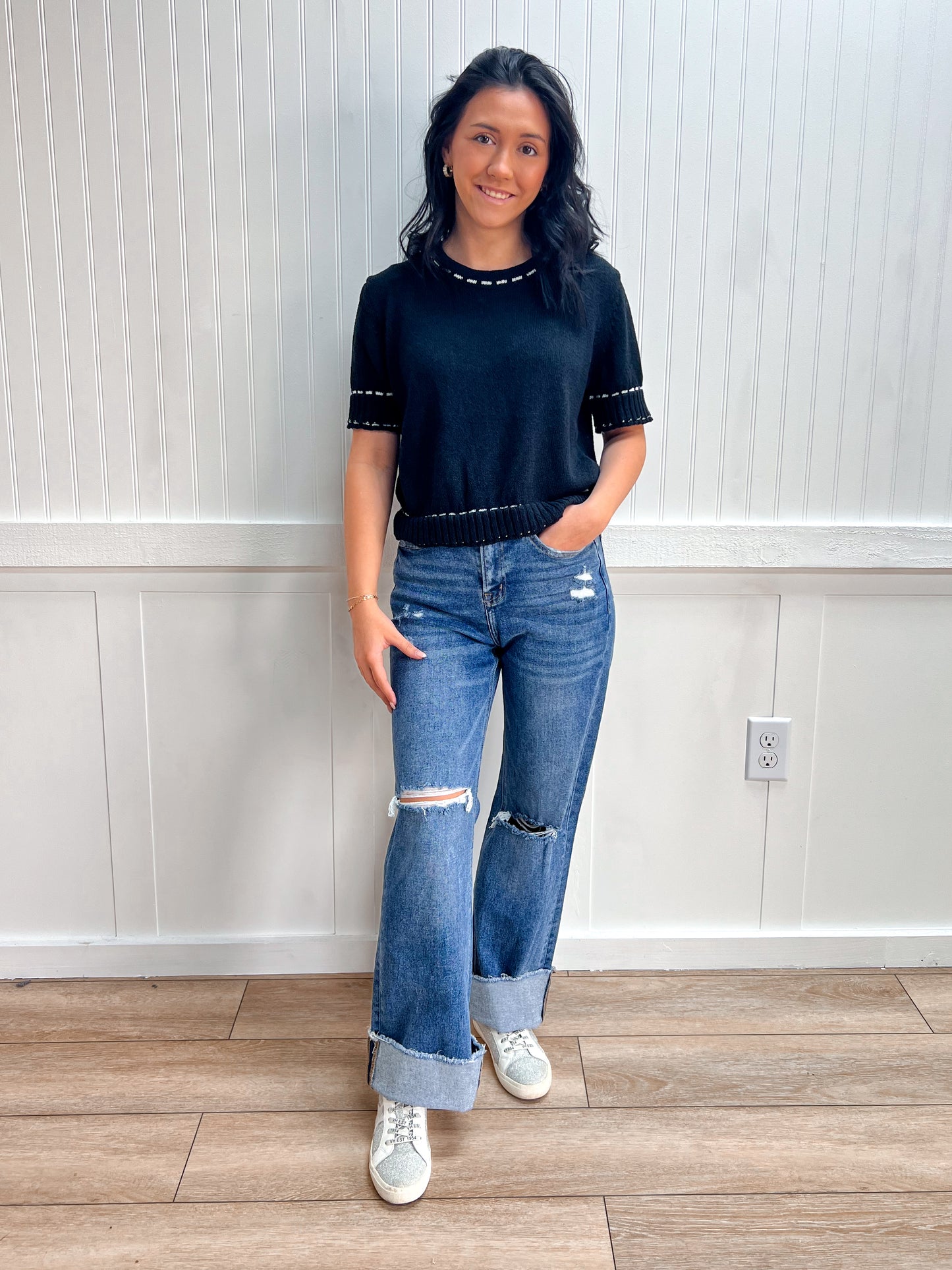 Josie Short Sleeve Round Neck Sweater with Contrast Color Stitch - Black