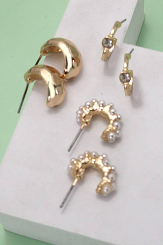 Trio Pearl Diamond Cut Huggie Hoop Earrings-Earrings-JOSSLYN by wall to wall-80E3935-The Twisted Chandelier