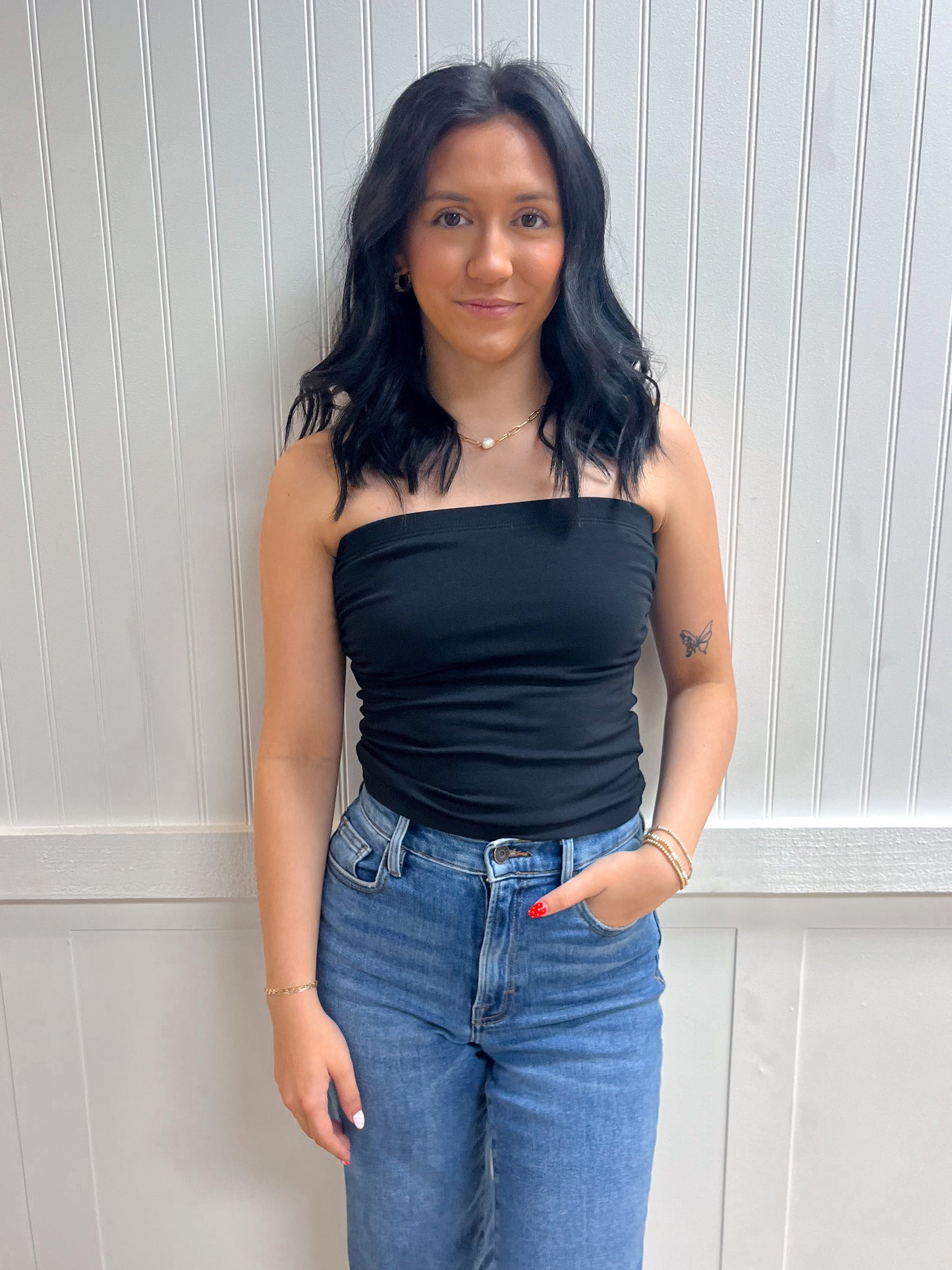 Catherine Cotton Tube Top w/ Built in Bra - Black