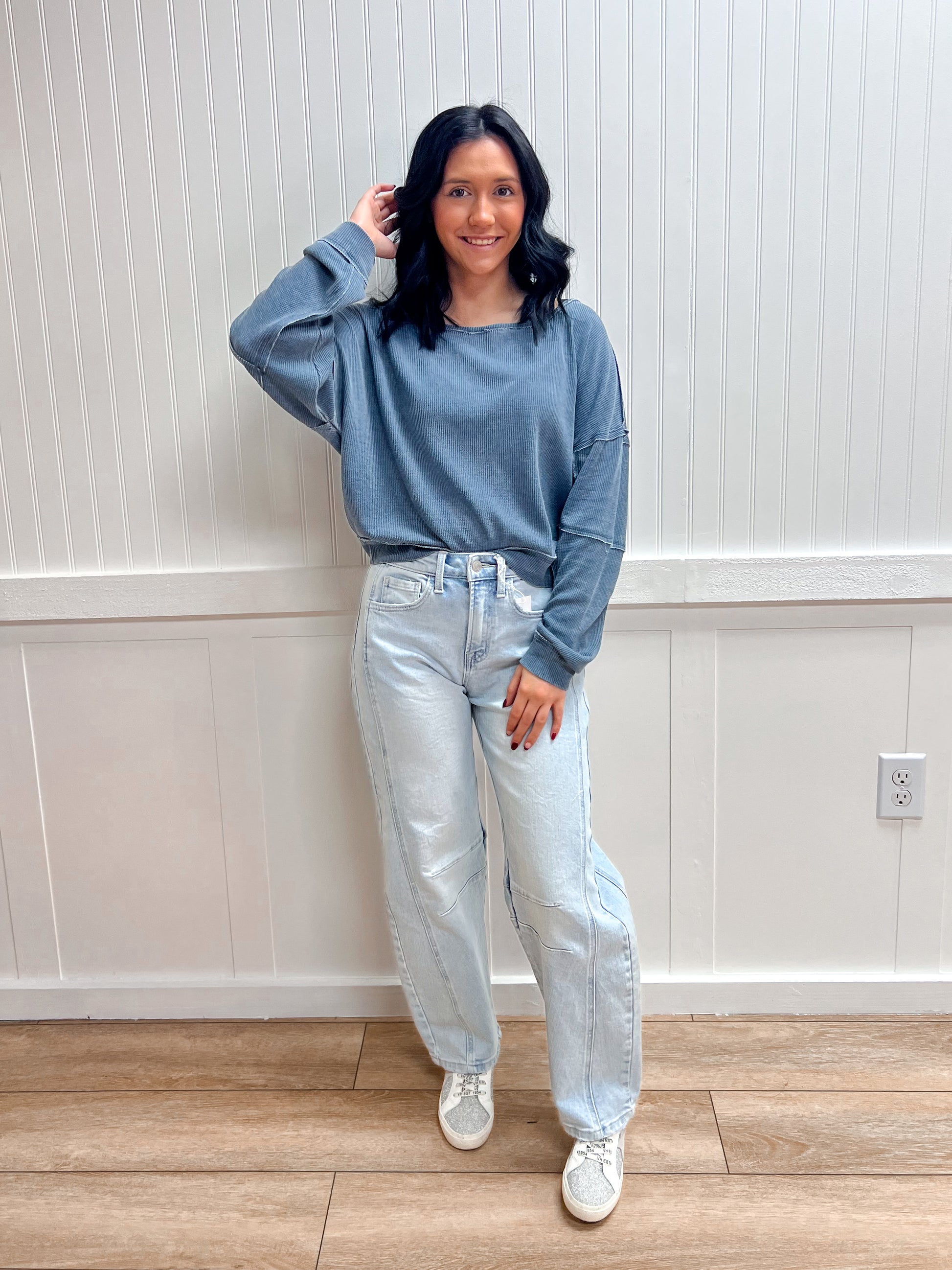 Bree Raw Edge Waffle Knit Boatneck Pullover-Mono B-FD 02/03/26,Tops Collection-The Twisted Chandelier