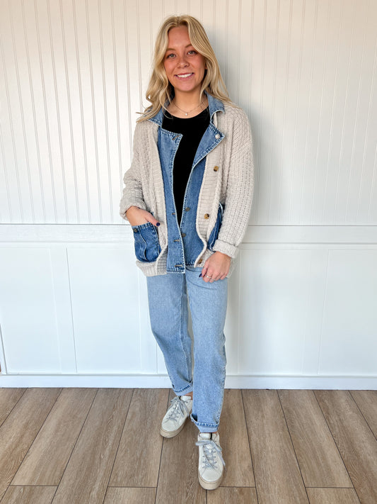 Adeline Knit Body Denim Layered Jacket-Veveret-FD 12/22/25,Tops Collection-The Twisted Chandelier