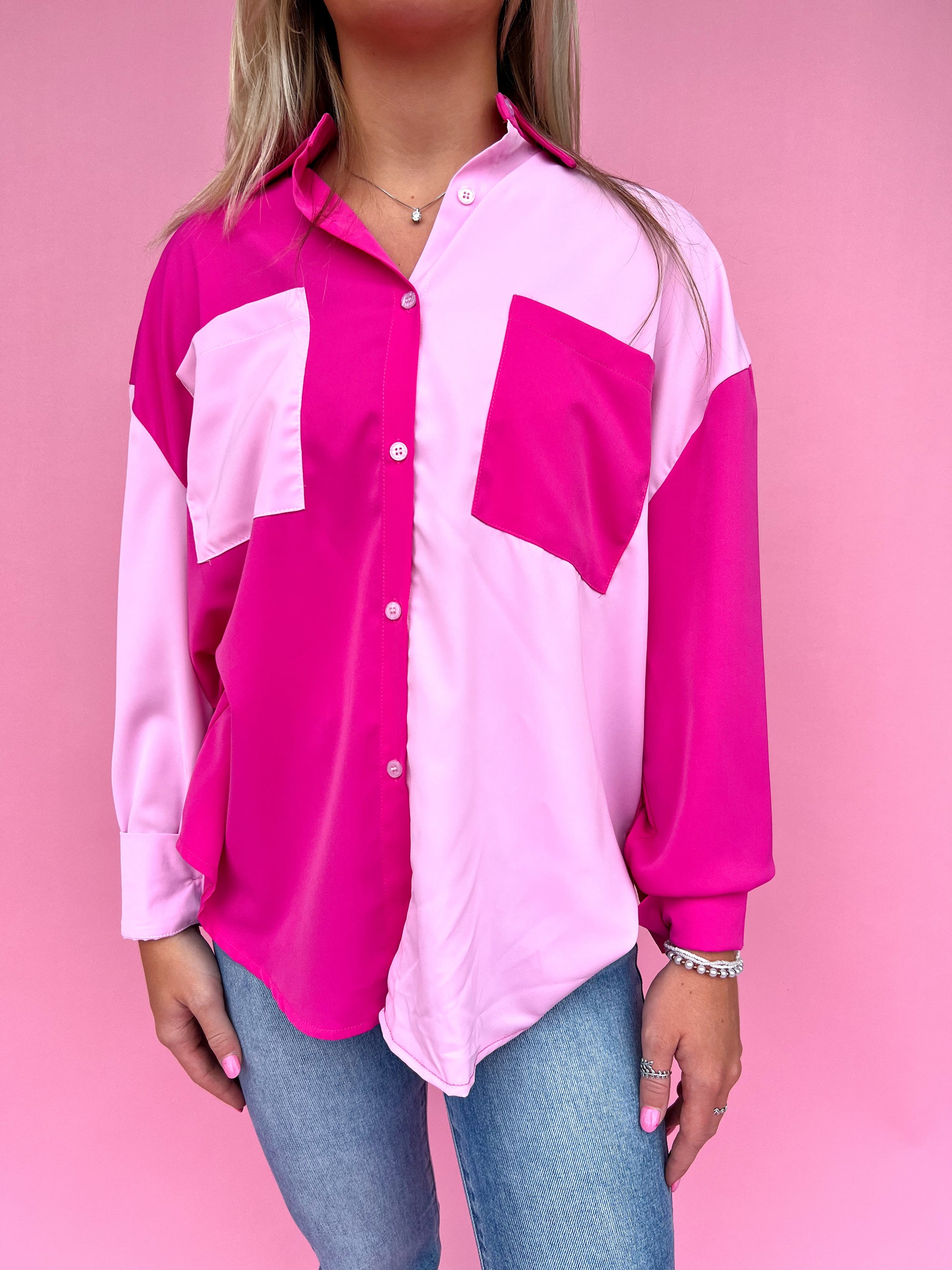 Pink Color Block Button Up Top-TOP-Southern Grace Wholesale-7660-CC-PINK, Bin b3, Tops Collection-The Twisted Chandelier