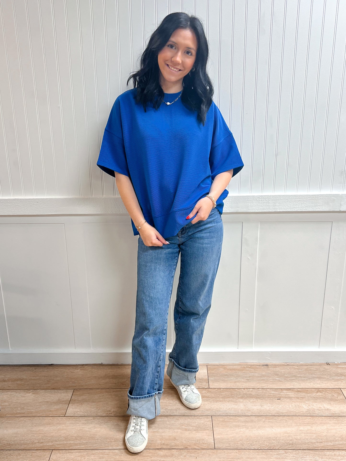Kinsley Ribbed Round Neck Waist Banded Tee Shirts - Classic Blue-Zenana-Tops Collection-The Twisted Chandelier