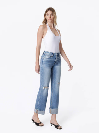 Darcy High Rise Distressed Cuffed Slim Wide Jeans-Pants-FLYING MONKEY-bottoms,F9205-The Twisted Chandelier