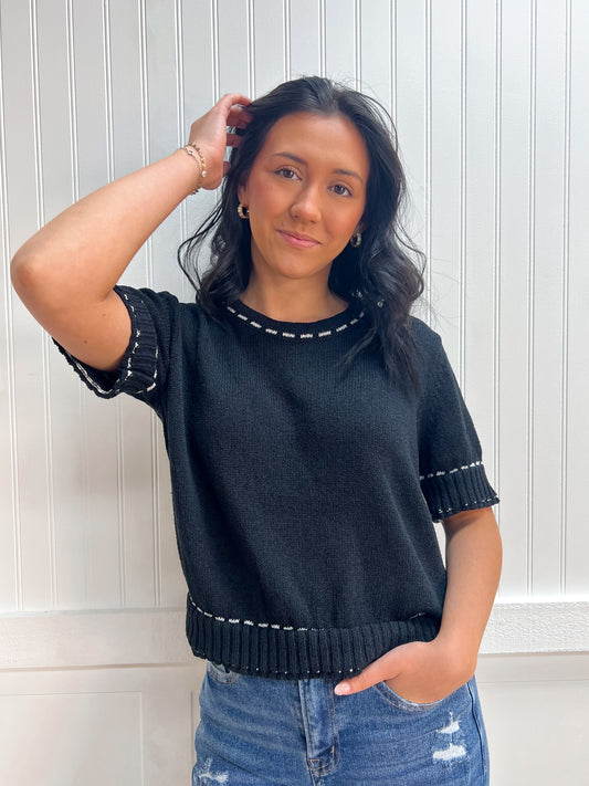 Josie Short Sleeve Round Neck Sweater with Contrast Color Stitch - Black