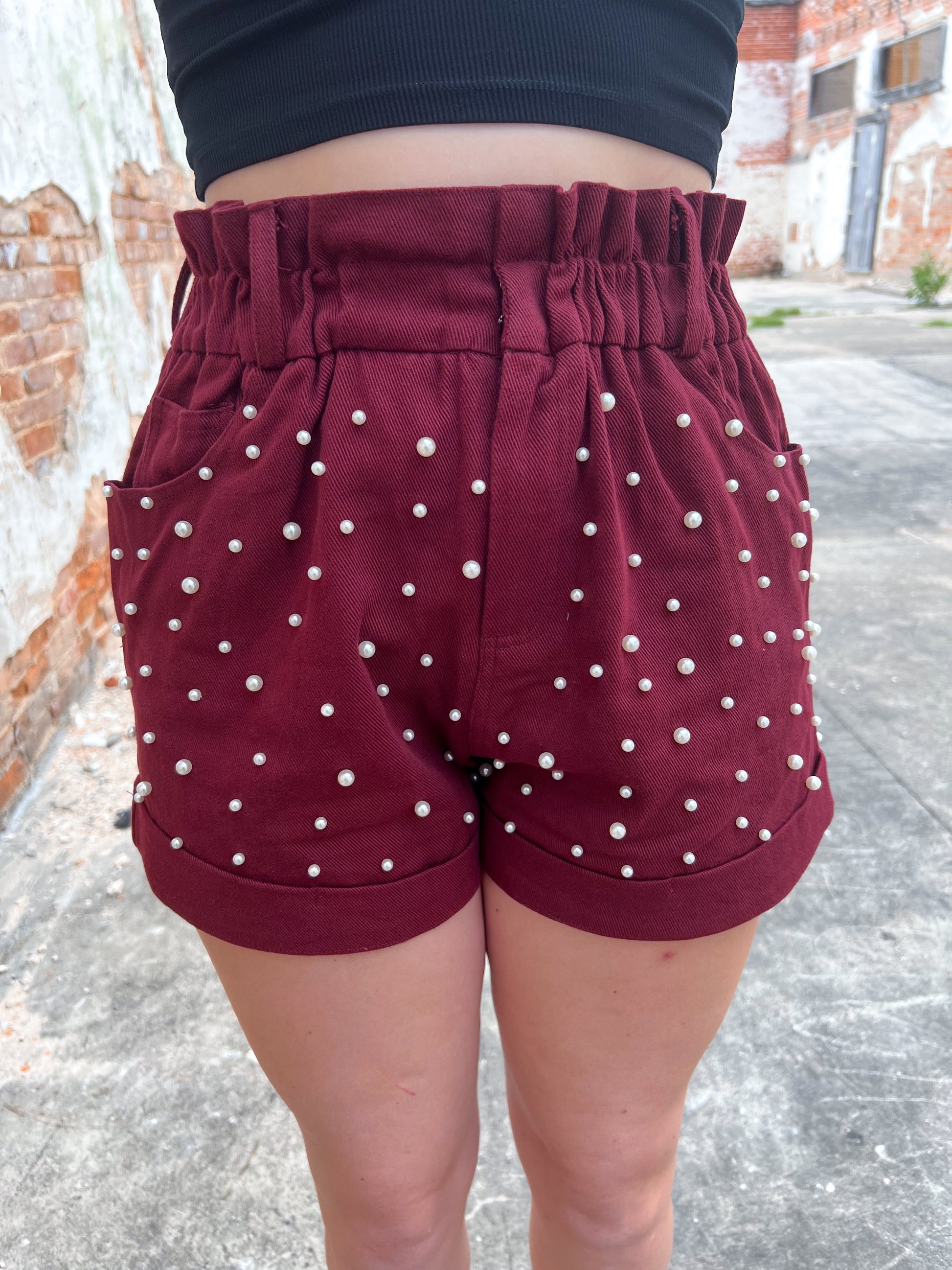 Paper Bag Shorts With Pearl Trim-Shorts-Fantastic Fawn-BIN D4, bottoms, gameday, IFP51932-The Twisted Chandelier