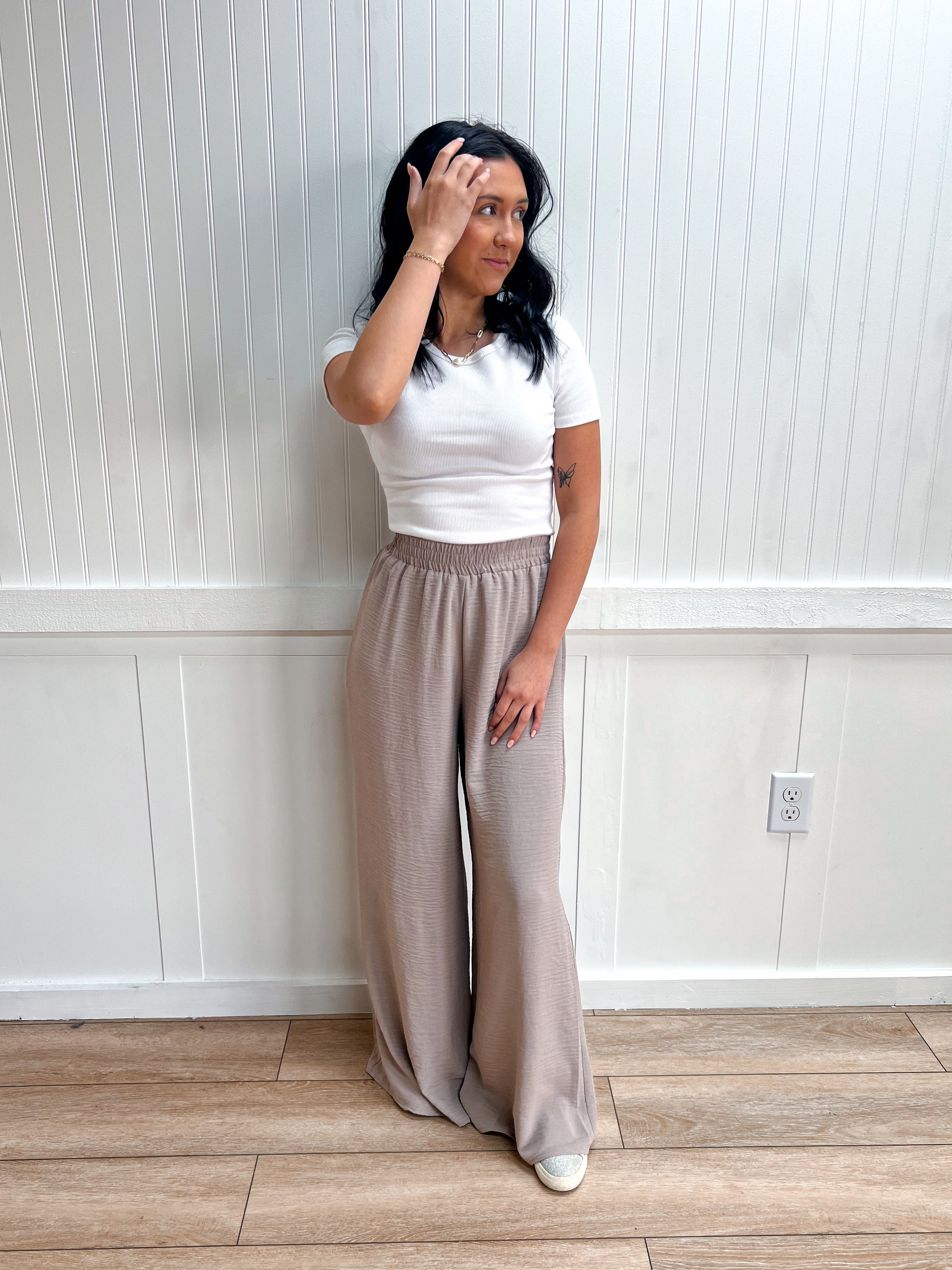 Wren Woven Airflow Elastic Waistband Pants - Ash Mocha-ZENANA-bottoms,FD 03/12/26-The Twisted Chandelier
