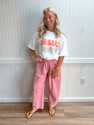 Stevie Mineral Wash Seam Detail Pull On Barrel Pants - Misty Rose