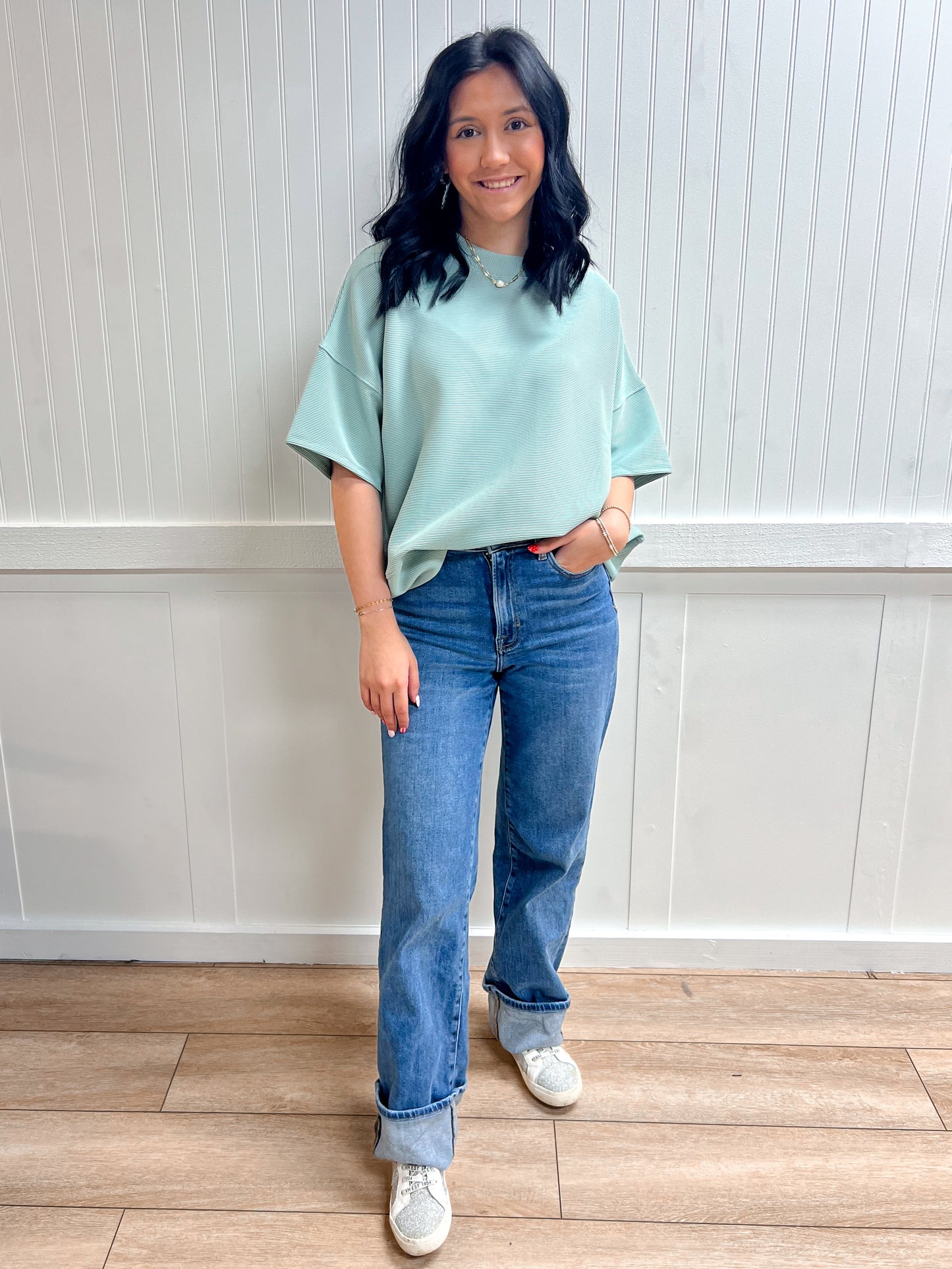 Kinsley Ribbed Round Neck Waist Banded Tee Shirts - Dusty Green-Zenana-Tops Collection-The Twisted Chandelier