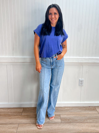 Kendall Washed Cotton Cuffed Short Sleeve Top - Blueberry-Top-ZENANA-Fd 8/3/26,Tops Collection-The Twisted Chandelier