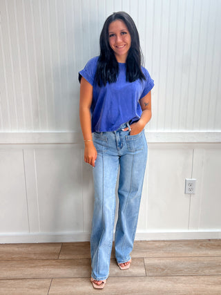 Kendall Washed Cotton Cuffed Short Sleeve Top - Blueberry-Top-ZENANA-Fd 8/3/26,Tops Collection-The Twisted Chandelier