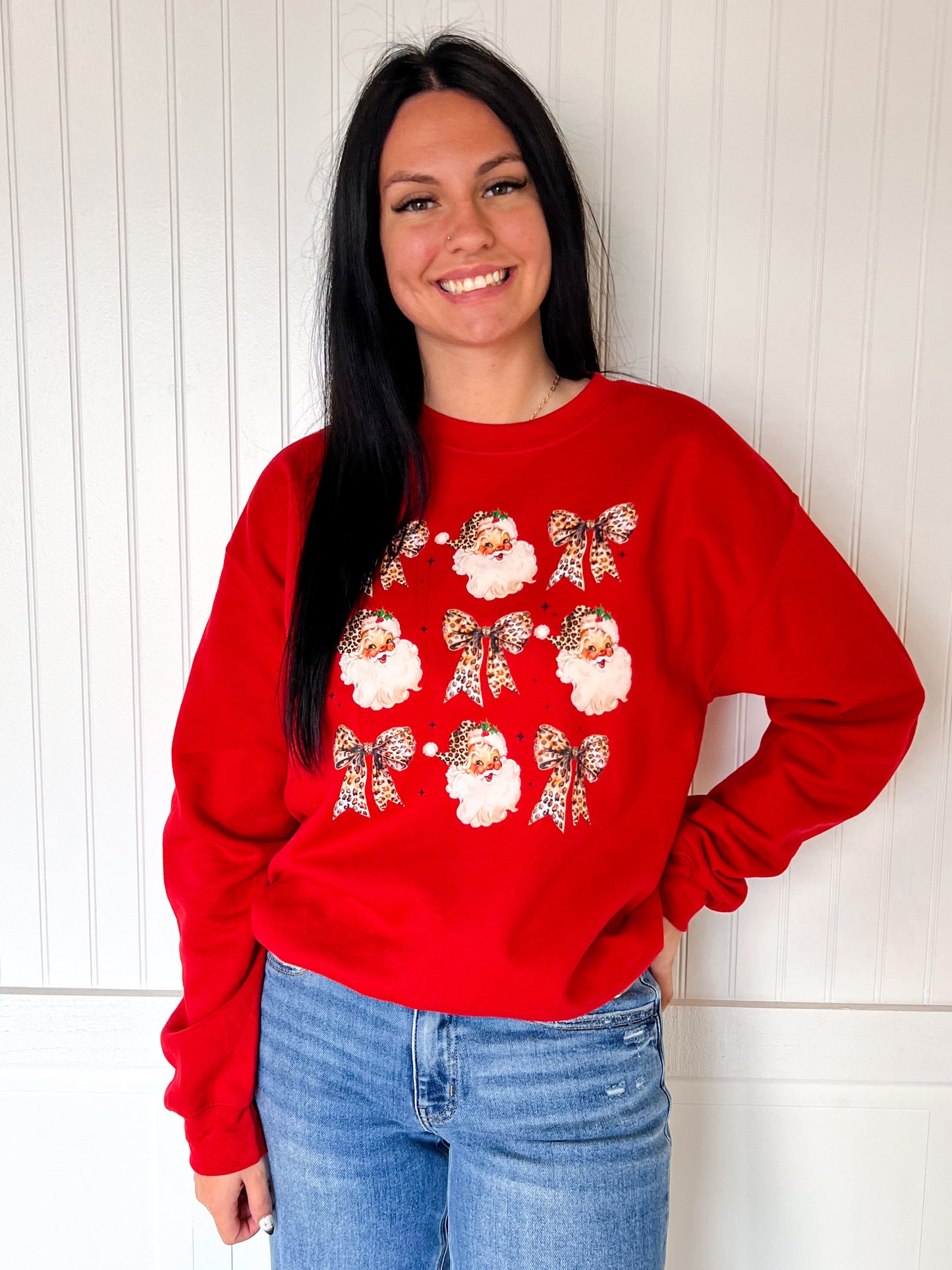 Leopard Bow Santa Design Sweatshirt-Top-This Wild Life Wholesale-BIN A 3,OGP 54.99,Tops Collection-The Twisted Chandelier