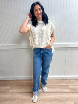 Zara Clip Dot Short Sleeve Side Tie Crochet Sweater-Shirts & Tops-Blu Pepper-FD 03/12/26,Tops Collection-The Twisted Chandelier
