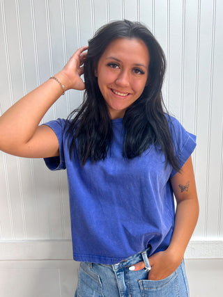 Kendall Washed Cotton Cuffed Short Sleeve Top - Blueberry-Top-ZENANA-Fd 8/3/26,Tops Collection-The Twisted Chandelier