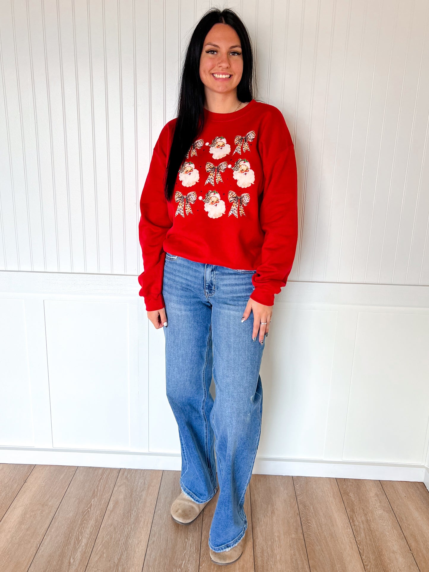 Leopard Bow Santa Design Sweatshirt-Top-This Wild Life Wholesale-BIN A 3,OGP 54.99,Tops Collection-The Twisted Chandelier