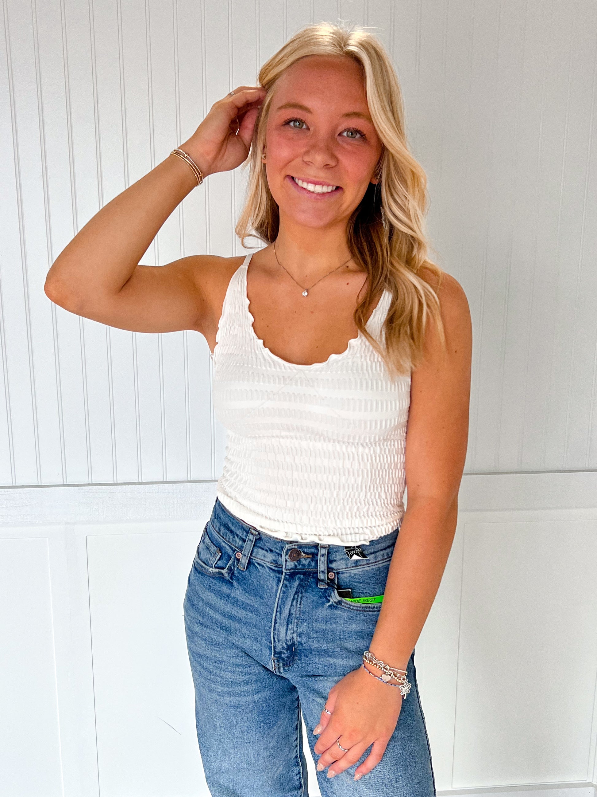 Saylor Lettuce Hem Stretchy Knit Sleeveless Top - White-VERY J-Bin B5,FD 6/24/25,OGP 24.99,Tops Collection-The Twisted Chandelier