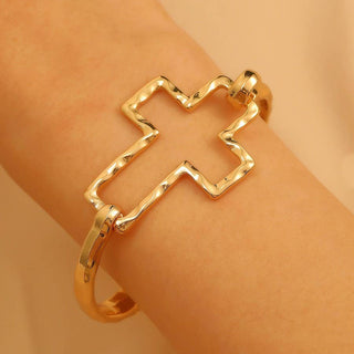 Hammered Open Cross Bangle-Bracelet-JOSSLYN by wall to wall-40B5235-Gold-The Twisted Chandelier