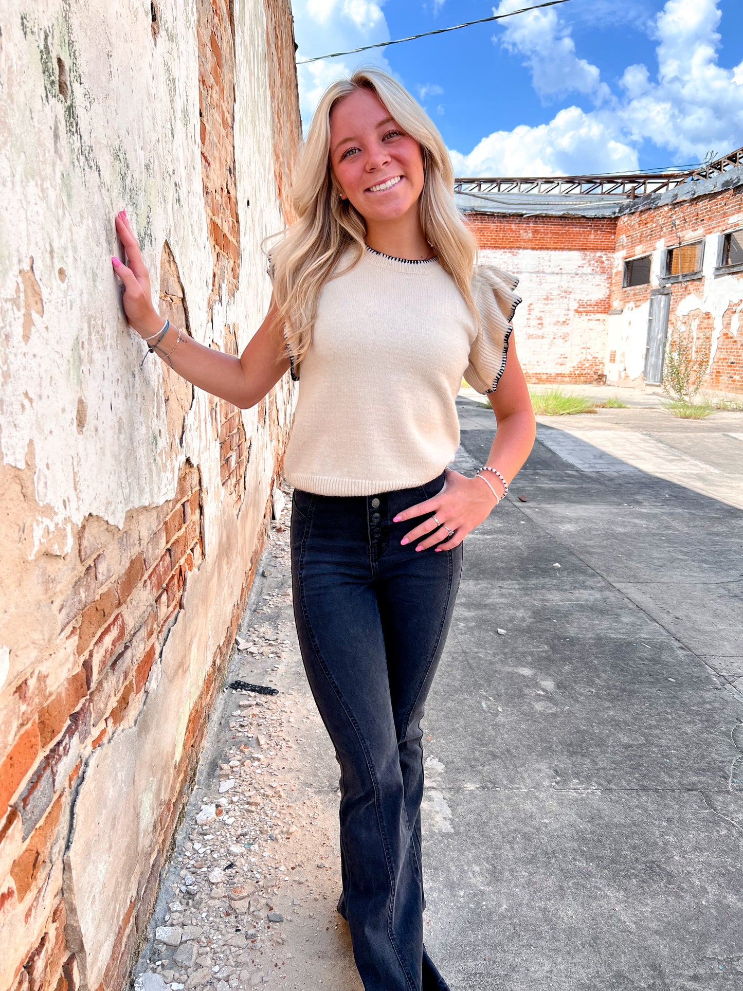 Solid Round Neck Ruffle Sleeve Top-BLOUSE TOP-Entro-T24148, Tops Collection-The Twisted Chandelier