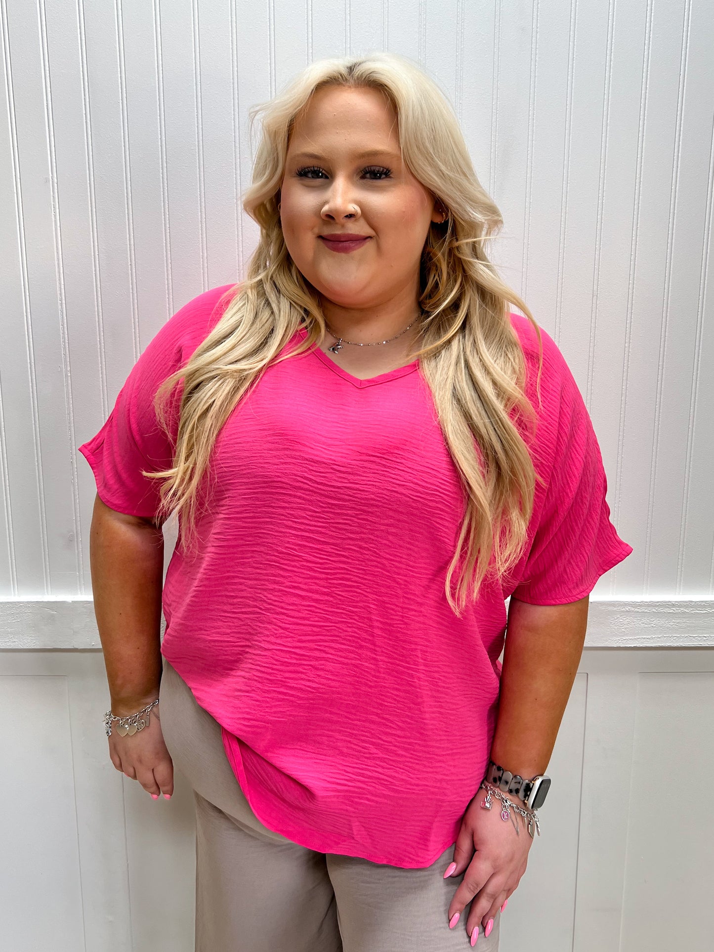 Brynn Woven Airflow V-Neck Short Sleeve Top - Fuchsia - Plus-Shirts & Tops-ZENANA-FD 03/12/26,Tops Collection-The Twisted Chandelier