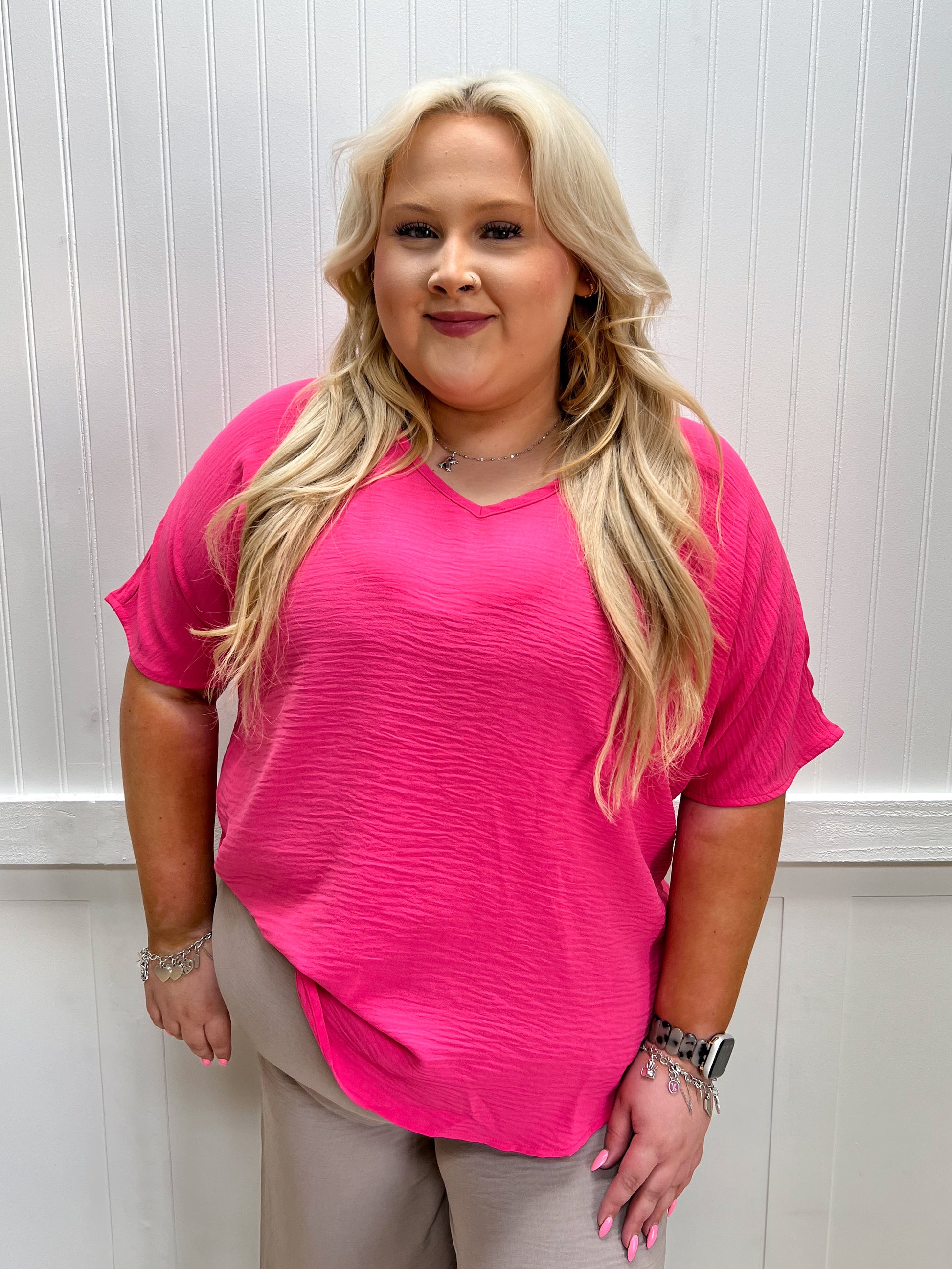 Brynn Woven Airflow V-Neck Short Sleeve Top - Fuchsia - Plus-Shirts & Tops-ZENANA-FD 03/12/26,Tops Collection-The Twisted Chandelier
