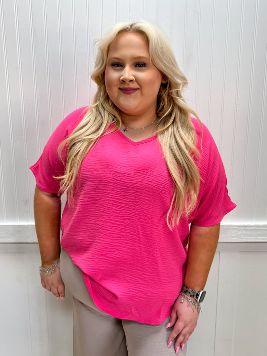 Brynn Woven Airflow V-Neck Short Sleeve Top - Fuchsia - Plus-Shirts & Tops-ZENANA-FD 03/12/26,Tops Collection-The Twisted Chandelier