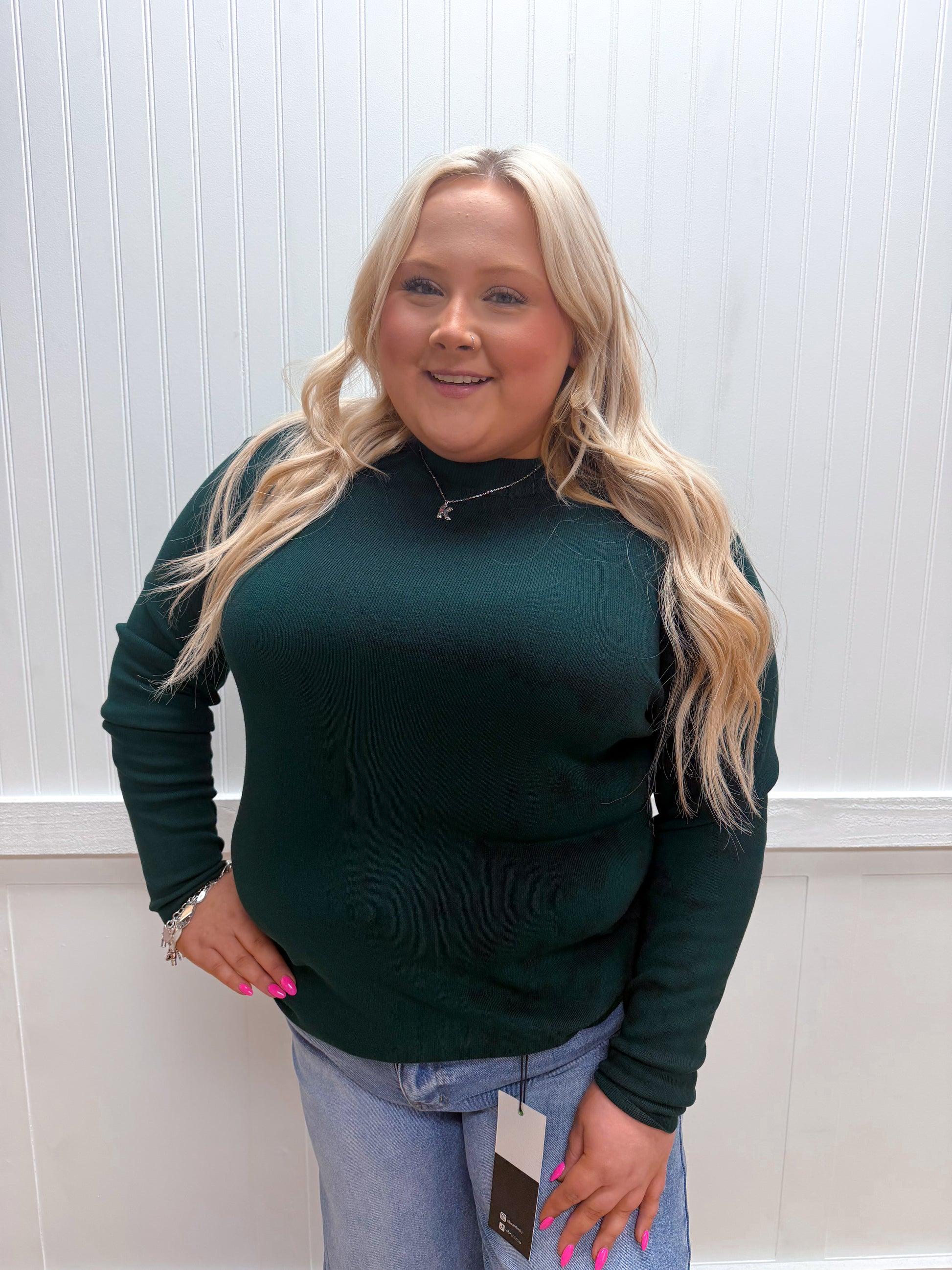 Lillian Mock Neck Long Sleeve Knit Sweater Top - Hunter Green - Plus-Sweater-blu pepper-02/10/26,03/02/26,BIN A 3,FD 12/09/24,FD 12/23/24,Tops Collection-The Twisted Chandelier