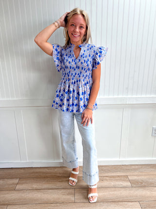 Elsie Floral Print Flutter Sleeve Woven Top-ENTRO-FD 05/14/26,Tops Collection-The Twisted Chandelier