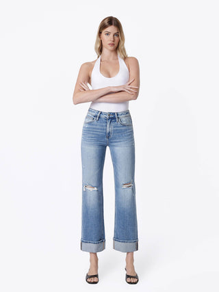 Darcy High Rise Distressed Cuffed Slim Wide Jeans-Pants-FLYING MONKEY-bottoms,F9205-The Twisted Chandelier
