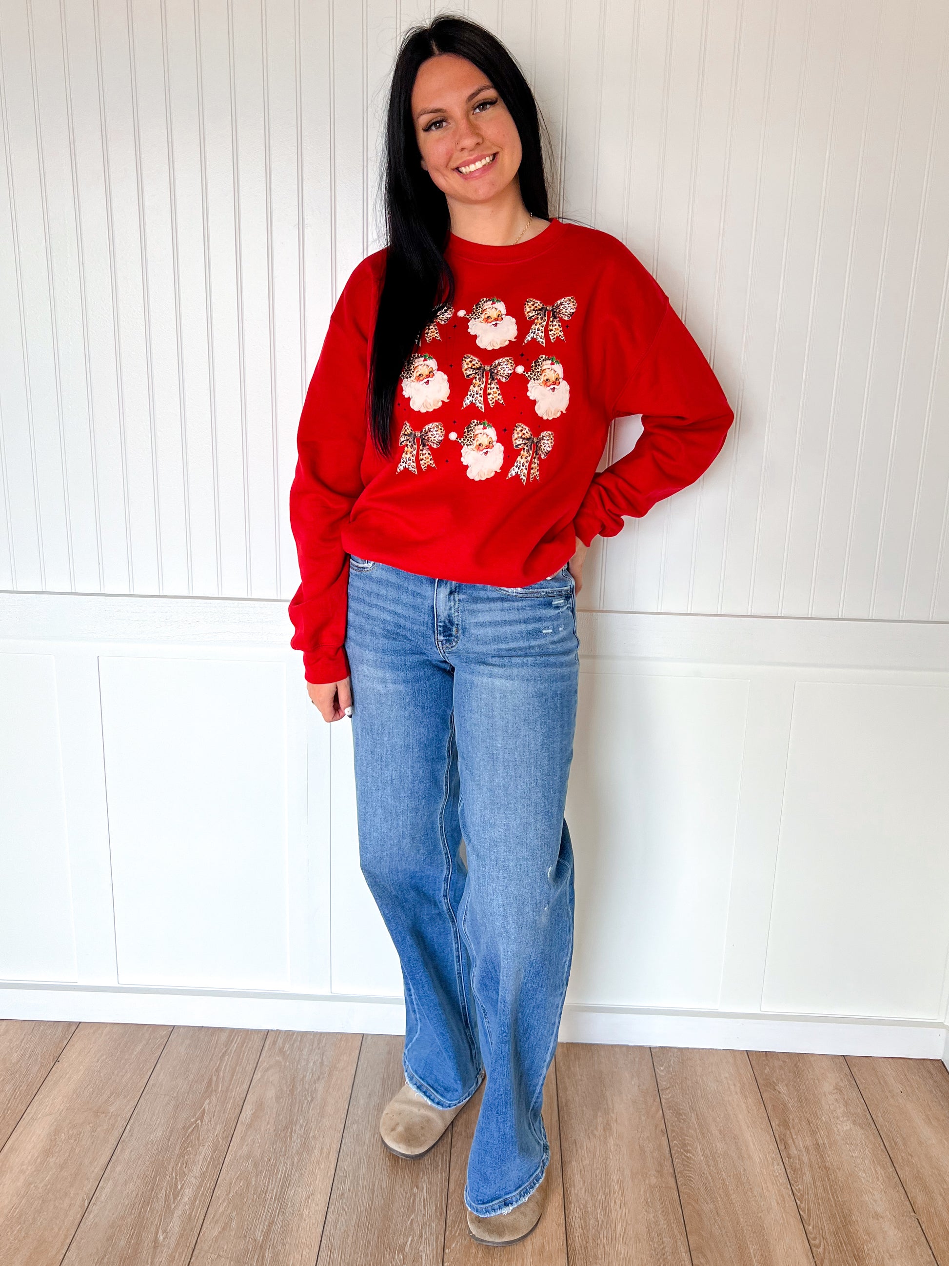 Leopard Bow Santa Design Sweatshirt-Top-This Wild Life Wholesale-BIN A 3,OGP 54.99,Tops Collection-The Twisted Chandelier