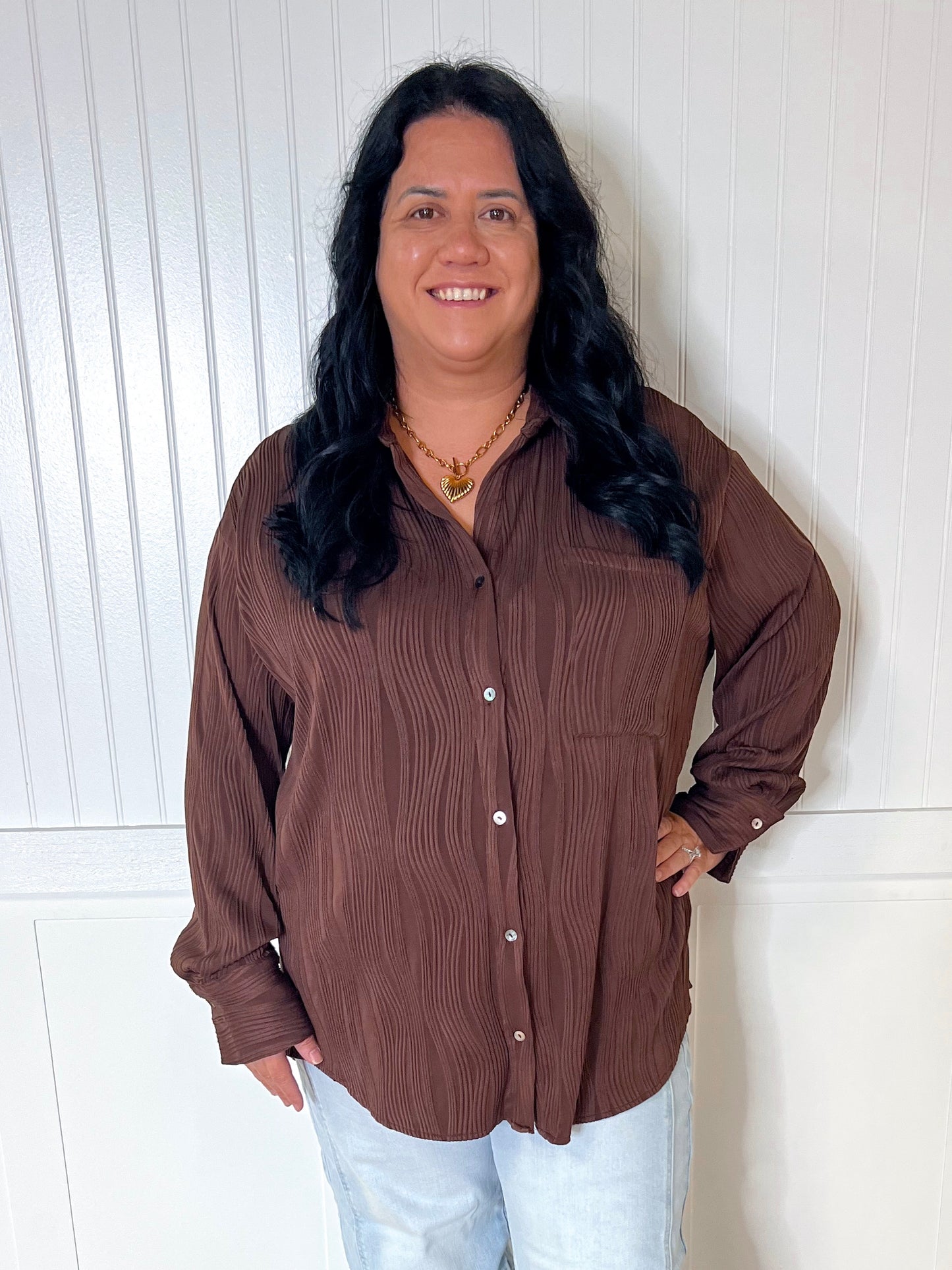 Bella Solid Textured Long Sleeve Button Up Top Plus - Chocolate-TOP-Entro-05/27/24,1st md,BIN D3,Max Retail,Tops Collection-The Twisted Chandelier