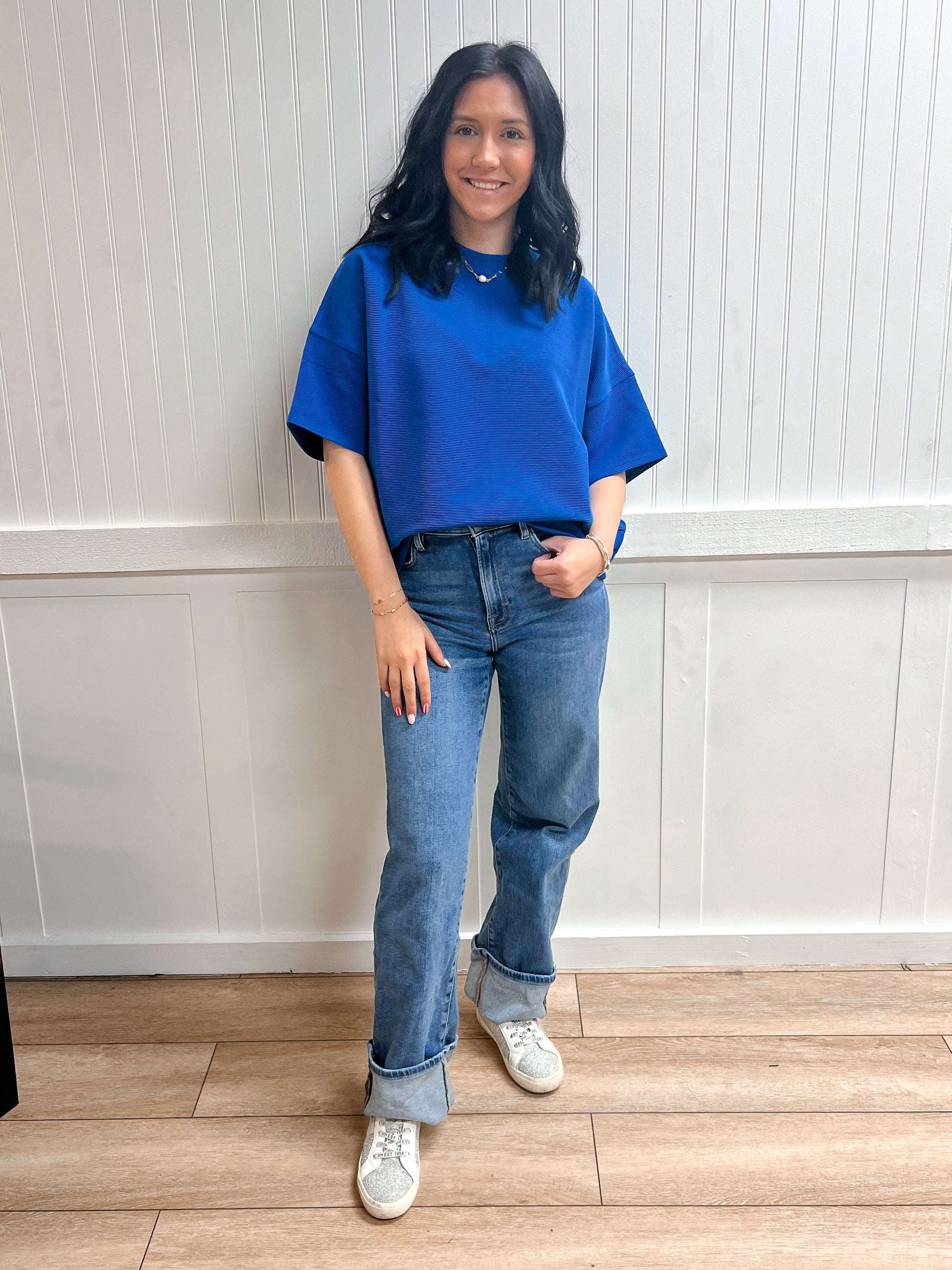 Kinsley Ribbed Round Neck Waist Banded Tee Shirts - Classic Blue-Zenana-Tops Collection-The Twisted Chandelier