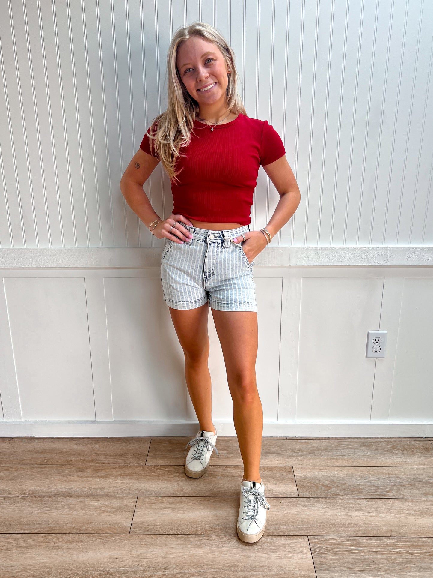 Landry Light Wash High Rise Stripe Denim Shorts-Denim Shorts-Kan Can USA-bottoms,KC9378L-The Twisted Chandelier