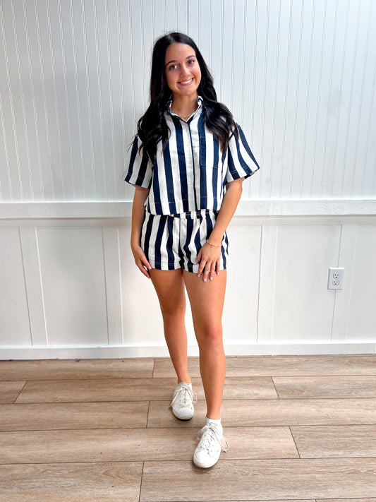 Indie Short Sleeve Shirt & Wide Stripe Linen Effect Shorts Set