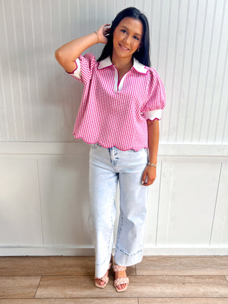 Caroline Gingham Short Puff Sleeve Top