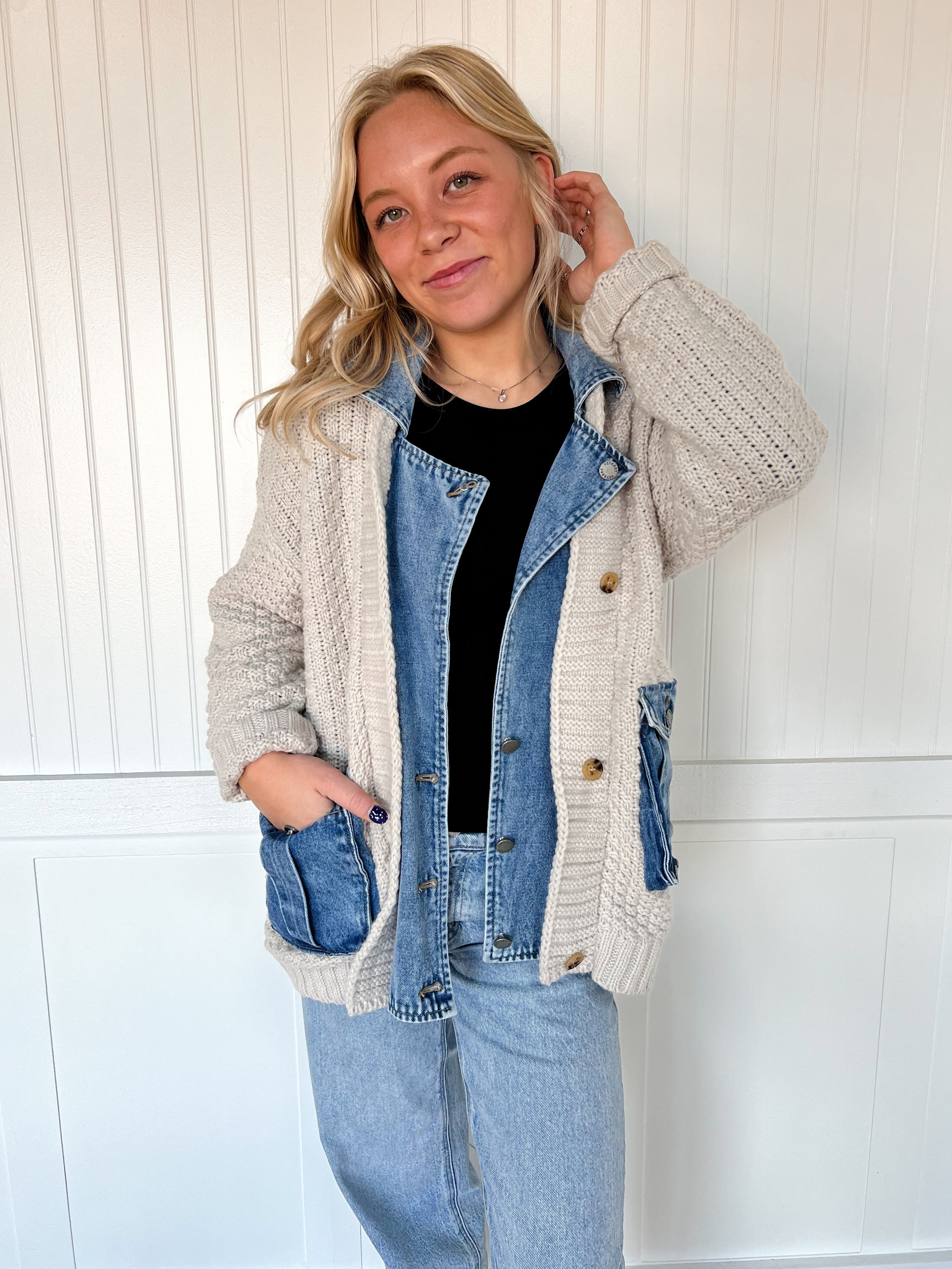 Adeline Knit Body Denim Layered Jacket-Veveret-FD 12/22/25,Tops Collection-The Twisted Chandelier